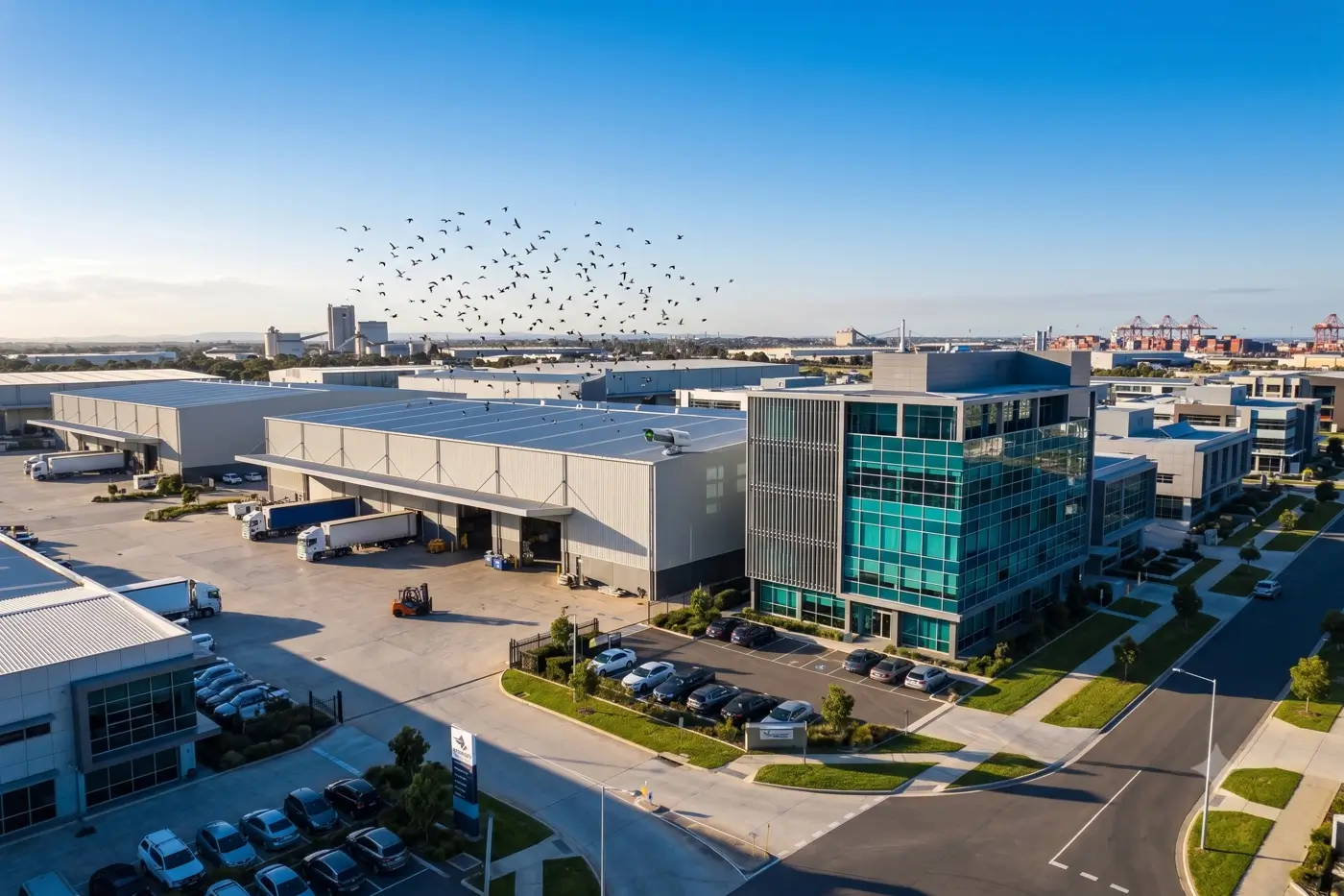Bird Control for Warehouses & Commercial Buildings Flock of pest birds over a commercial warehouse needing bird control